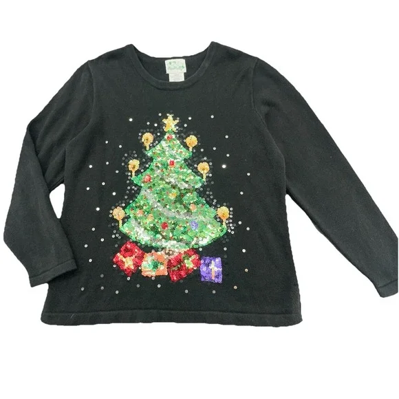 Quacker Factory Christmas VTG  Tree Sequin Sweater L Black Holiday Ugly Festive - Picture 2 of 7